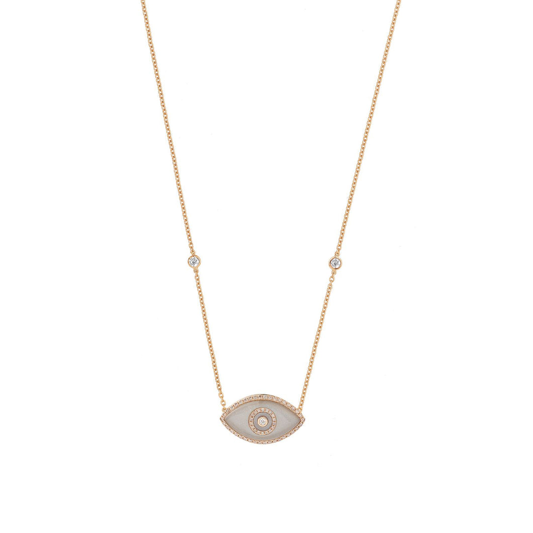 14K rose gold Endza Necklace with Moonstone evil eye and white diamonds.