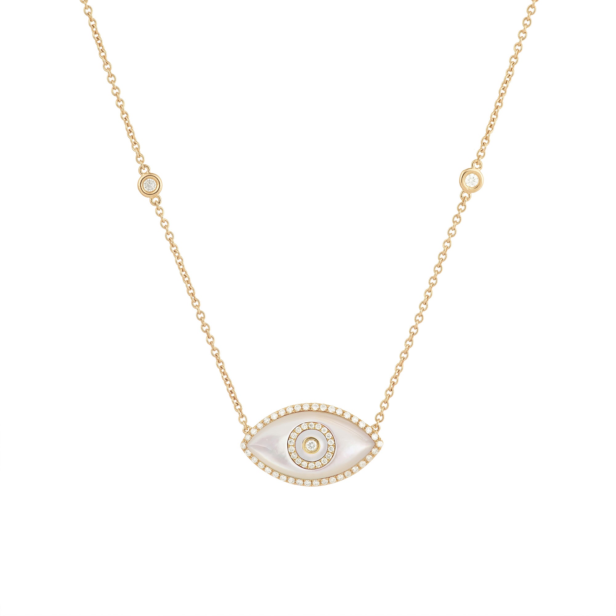 14K yellow gold Endza Necklace with Mother of Pearl evil eye and white diamonds.