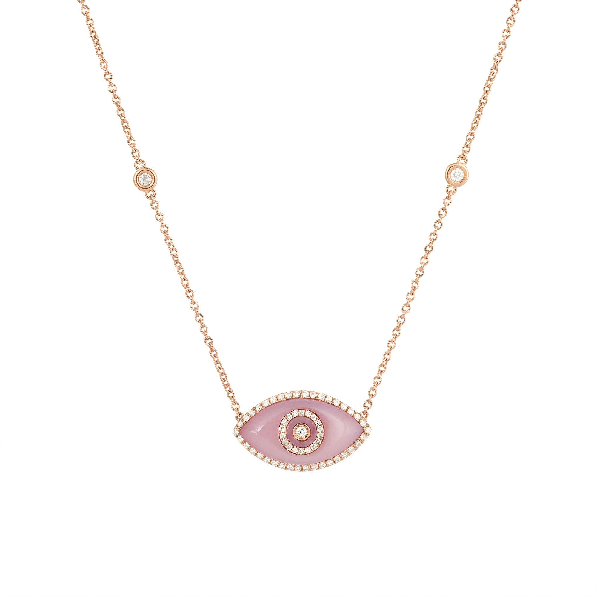 Endza Pink Opal Evil Eye Necklace in 14K  Rose Gold with Natural Diamonds