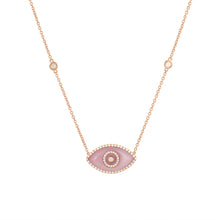 Load image into Gallery viewer, 14K rose gold Endza Necklace with Pink Opal evil eye and white diamonds.
