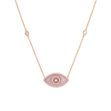 14K rose gold Endza Necklace with Pink Opal evil eye and white diamonds.