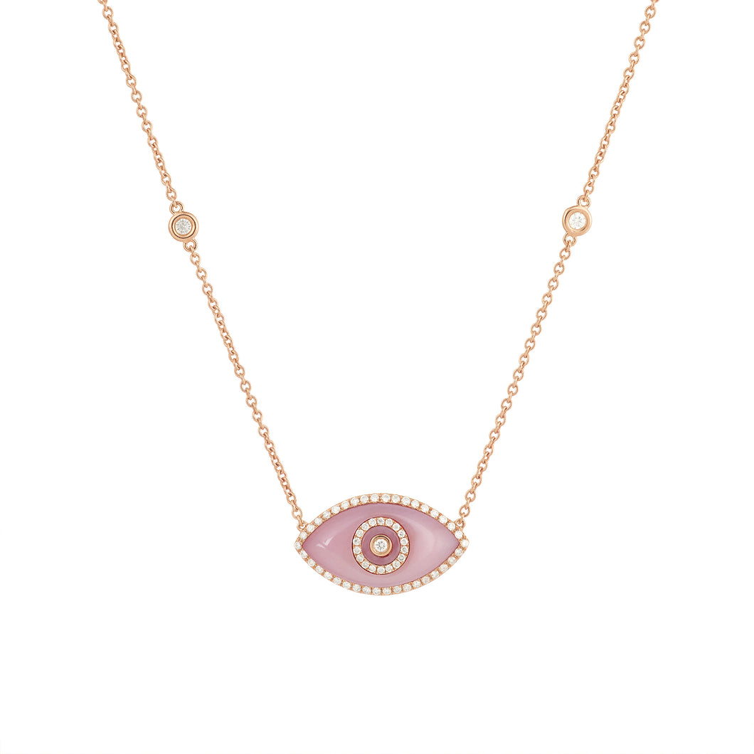 14K rose gold Endza Necklace with Pink Opal evil eye and white diamonds.
