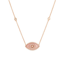 Load image into Gallery viewer, 14K rose gold Endza Necklace with Peach Jade evil eye and white diamonds.
