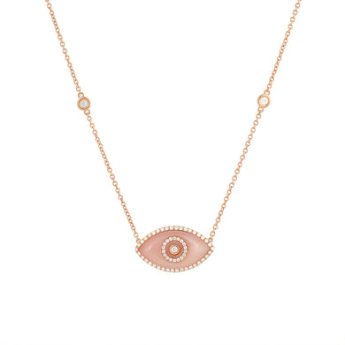 14K rose gold Endza Necklace with Peach Jade evil eye and white diamonds.