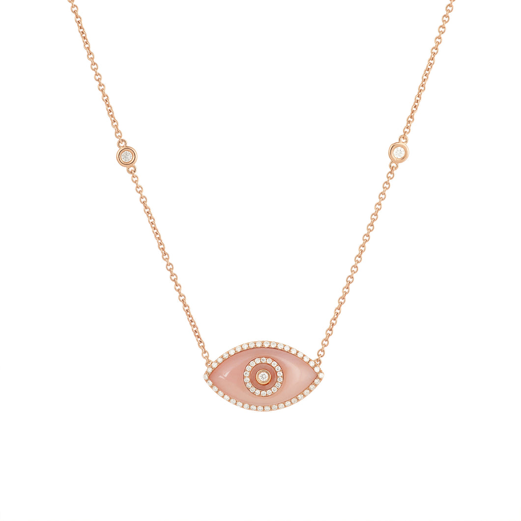 14K rose gold Endza Necklace with Peach Jade evil eye and white diamonds.