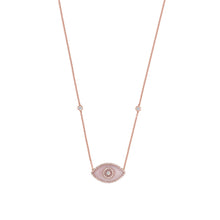 Load image into Gallery viewer, 14K rose gold Endza Necklace with Pink Opal evil eye and white diamonds.
