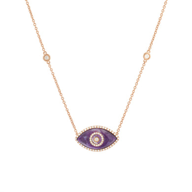 14K rose gold Endza Necklace with Sugilite evil eye and white diamonds.
