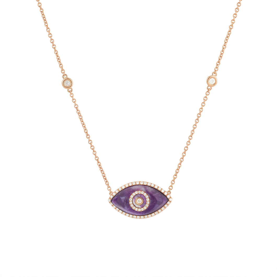 14K rose gold Endza Necklace with Sugilite evil eye and white diamonds.