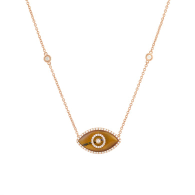 14K rose gold Endza Necklace with Tiger Eye evil eye and white diamonds.