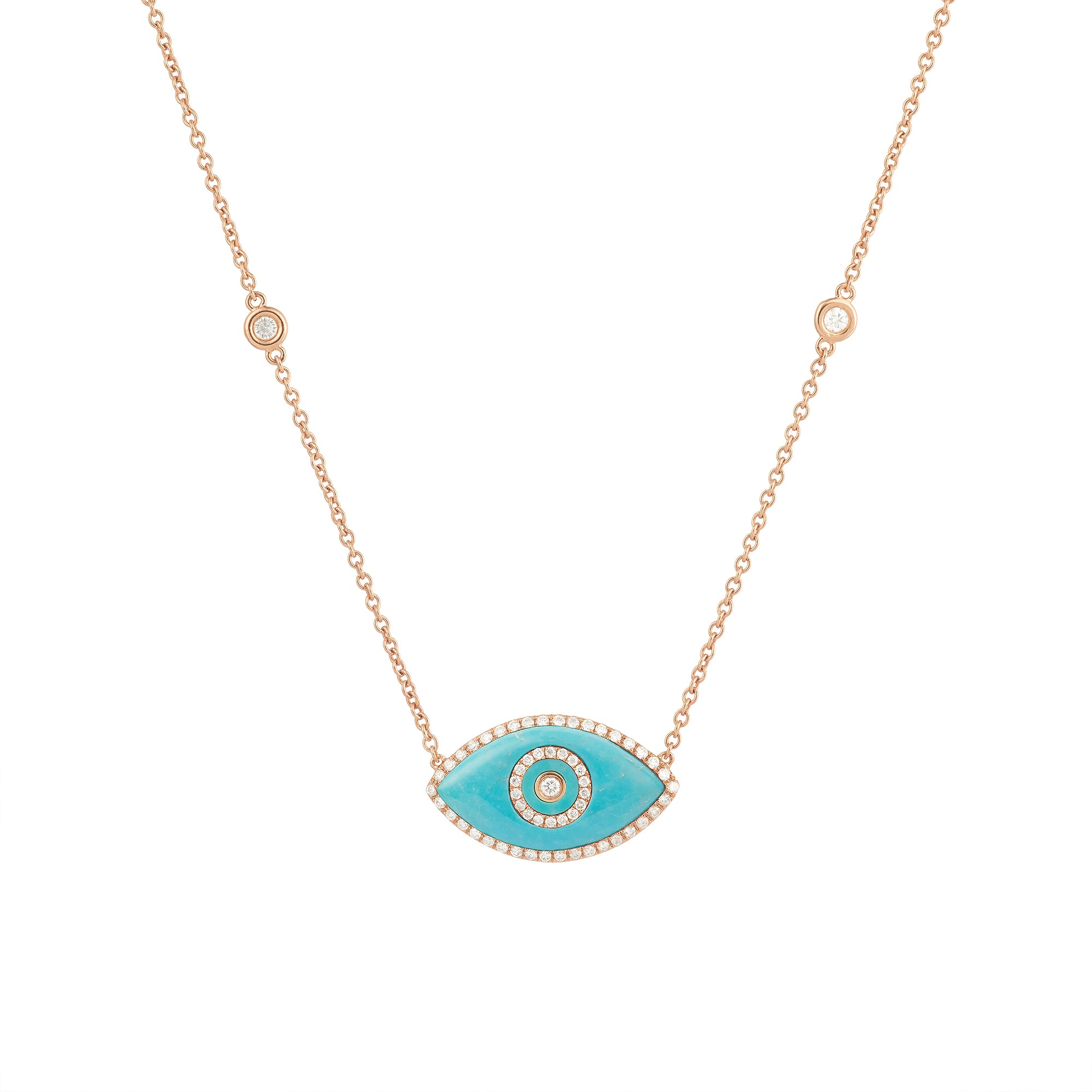 14K rose gold Endza Necklace with Turquoise evil eye and white diamonds.