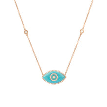 Load image into Gallery viewer, 14K rose gold Endza Necklace with Turquoise evil eye and white diamonds.
