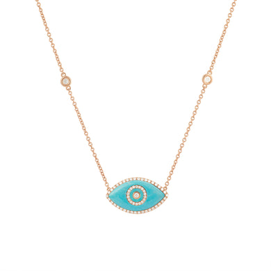 14K rose gold Endza Necklace with Turquoise evil eye and white diamonds.