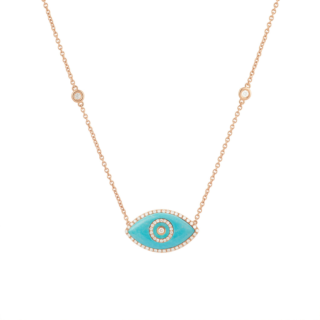 14K rose gold Endza Necklace with Turquoise evil eye and white diamonds.