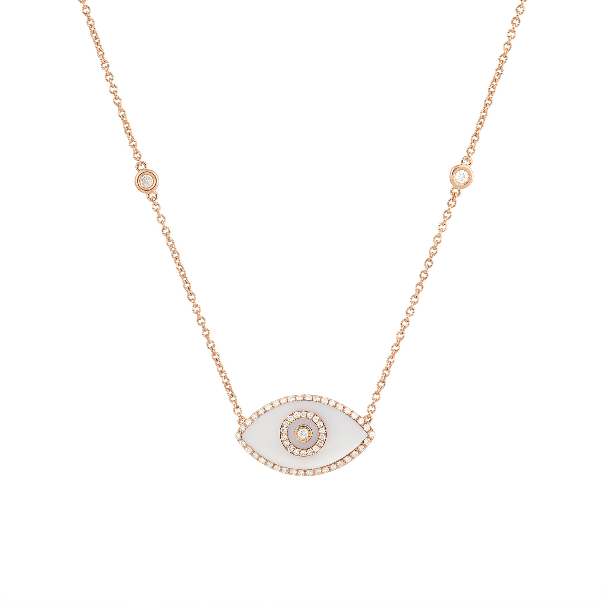14K rose gold Endza Necklace with White Onyx evil eye and white diamonds