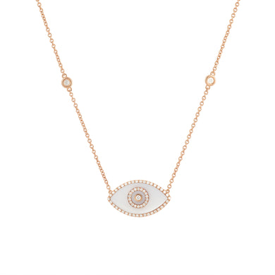 14K rose gold Endza Necklace with White Onyx evil eye and white diamonds
