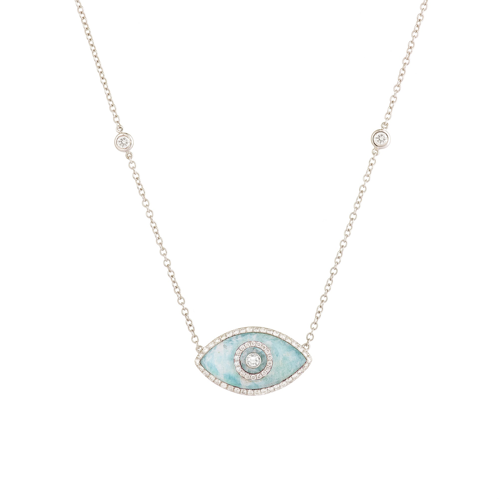 Endza Amazonite Evil Eye Necklace in 14K White Gold with Natural Diamonds
