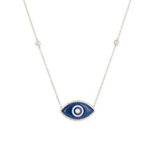 Load image into Gallery viewer, 14K white gold Endza Necklace with Lapis Lazuli evil eye and white diamonds.
