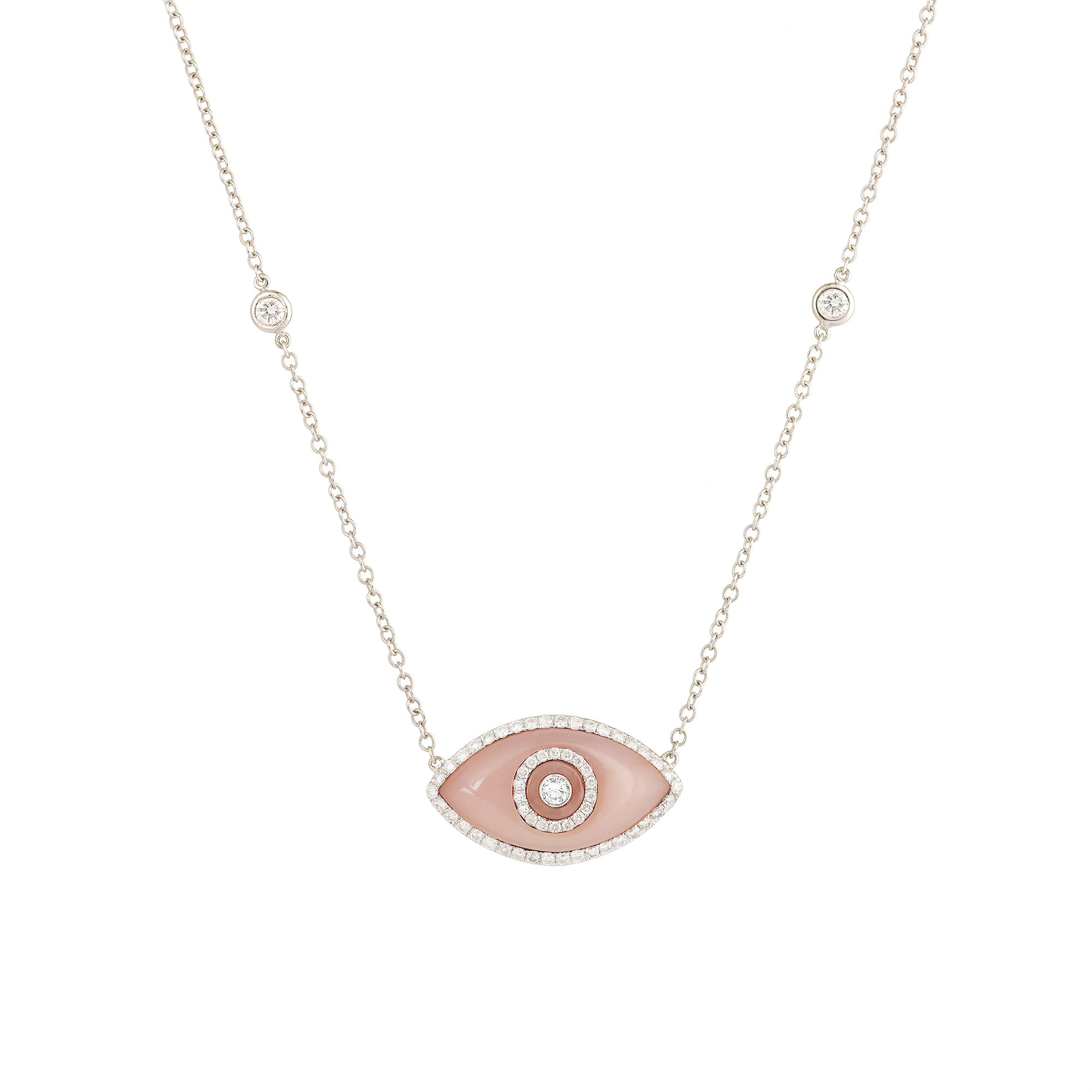Endza Peach Jade Evil Eye Necklace in 14K White Gold with Natural Diamonds