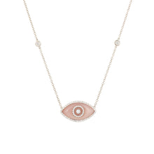 Load image into Gallery viewer, 14K white gold Endza Necklace with Peach Jade evil eye and white diamonds.
