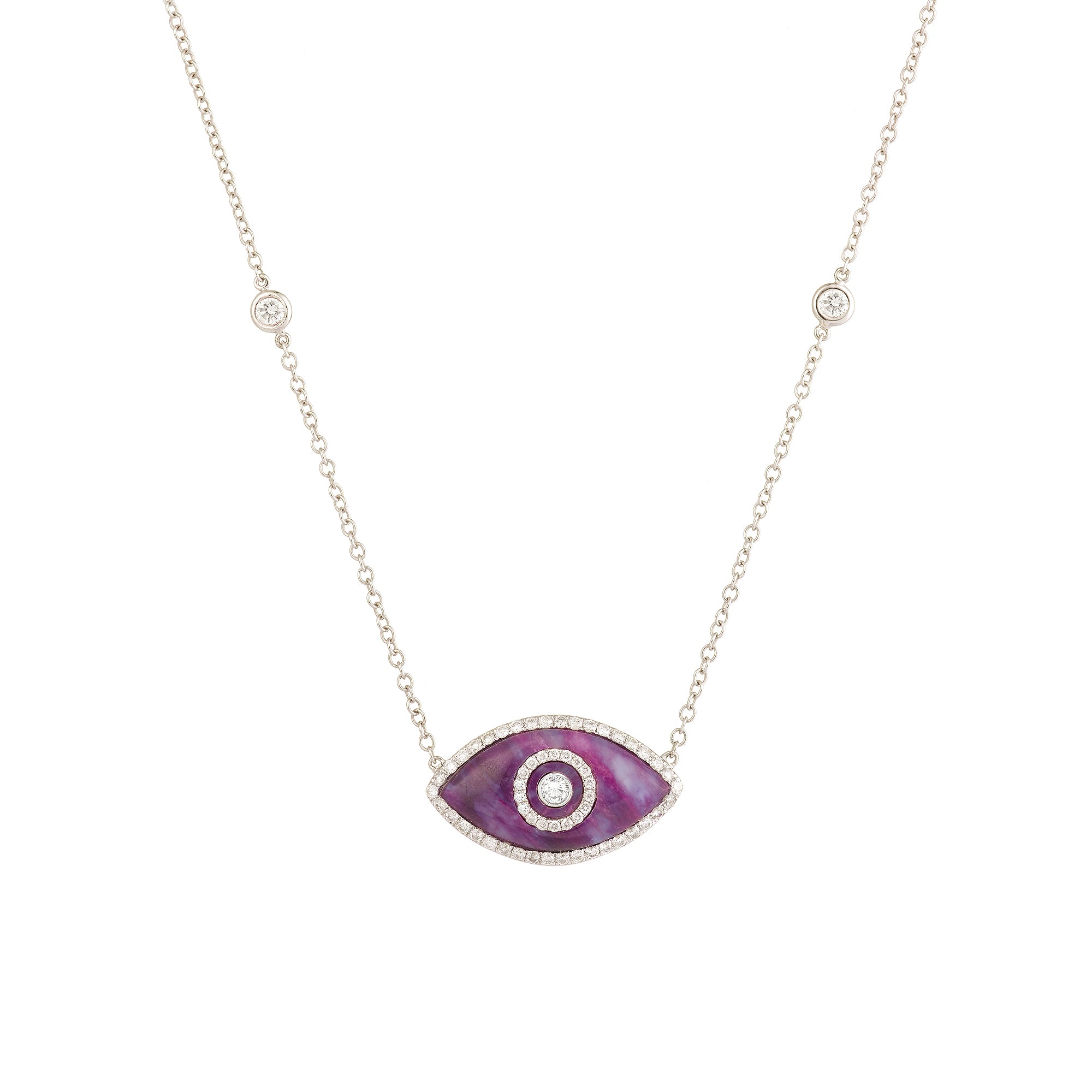 Endza Sugilte Evil Eye Necklace in 14K White Gold with Natural Diamonds