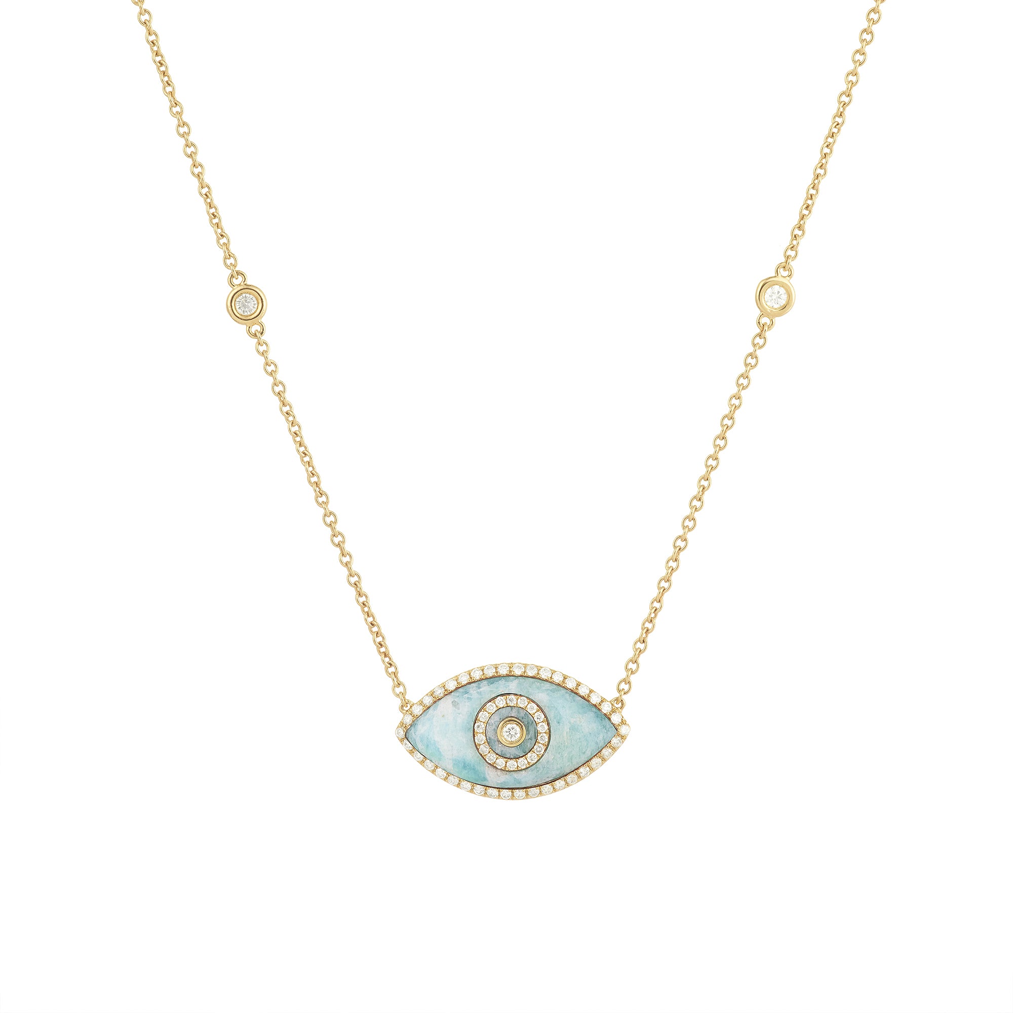14K yellow gold Endza Necklace with Amazonite evil eye and white diamonds.