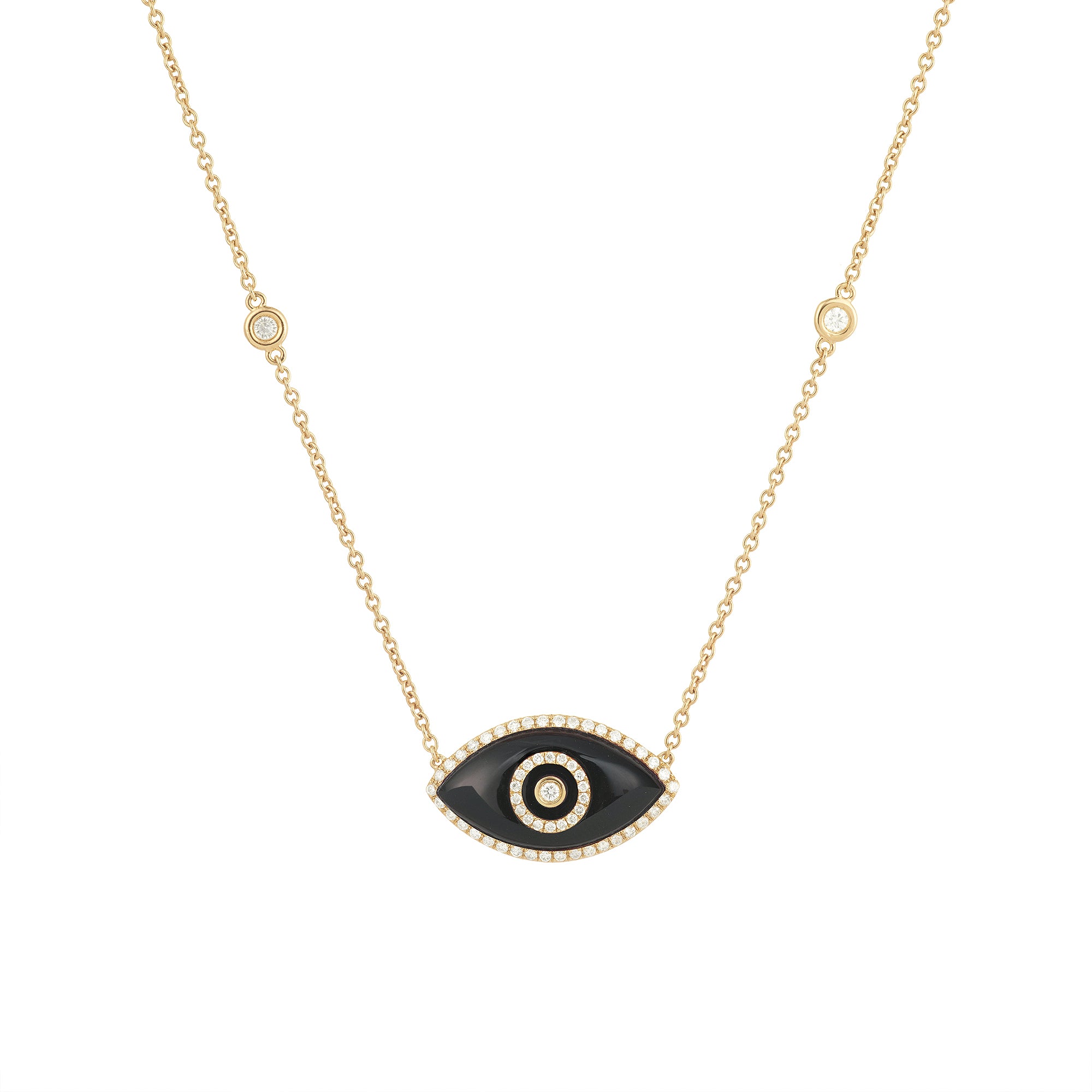 14K yellow gold Endza Necklace with Black Onyx eye and white diamonds.