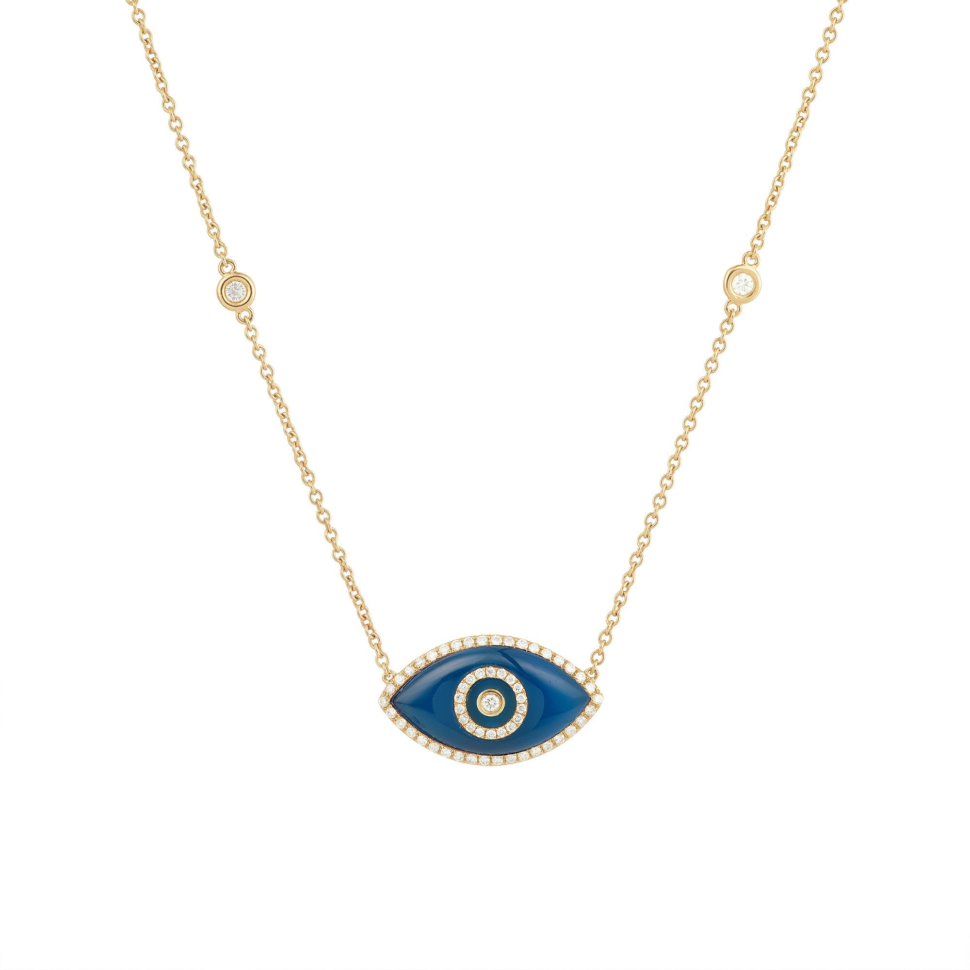 14K yellow gold Endza Necklace with Blue Agate eye and white diamonds.