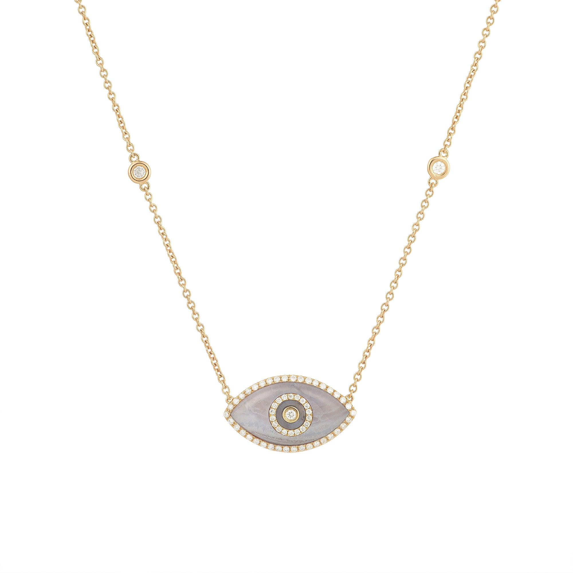 14K yellow gold Endza Necklace with Blue Chalcedony eye and white diamonds.