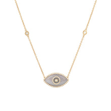 Load image into Gallery viewer, 14K yellow gold Endza Necklace with Blue Chalcedony eye and white diamonds.
