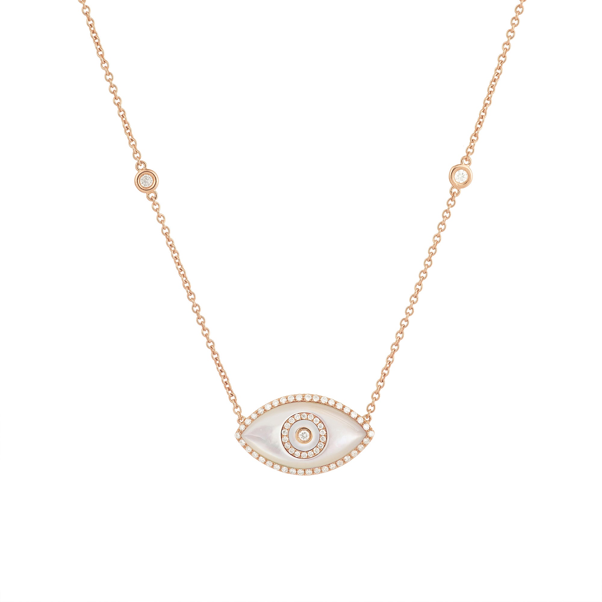 14K rose gold Endza Necklace with Mother of Pearl evil eye and white diamonds.