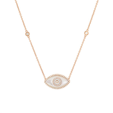 14K rose gold Endza Necklace with Mother of Pearl evil eye and white diamonds.