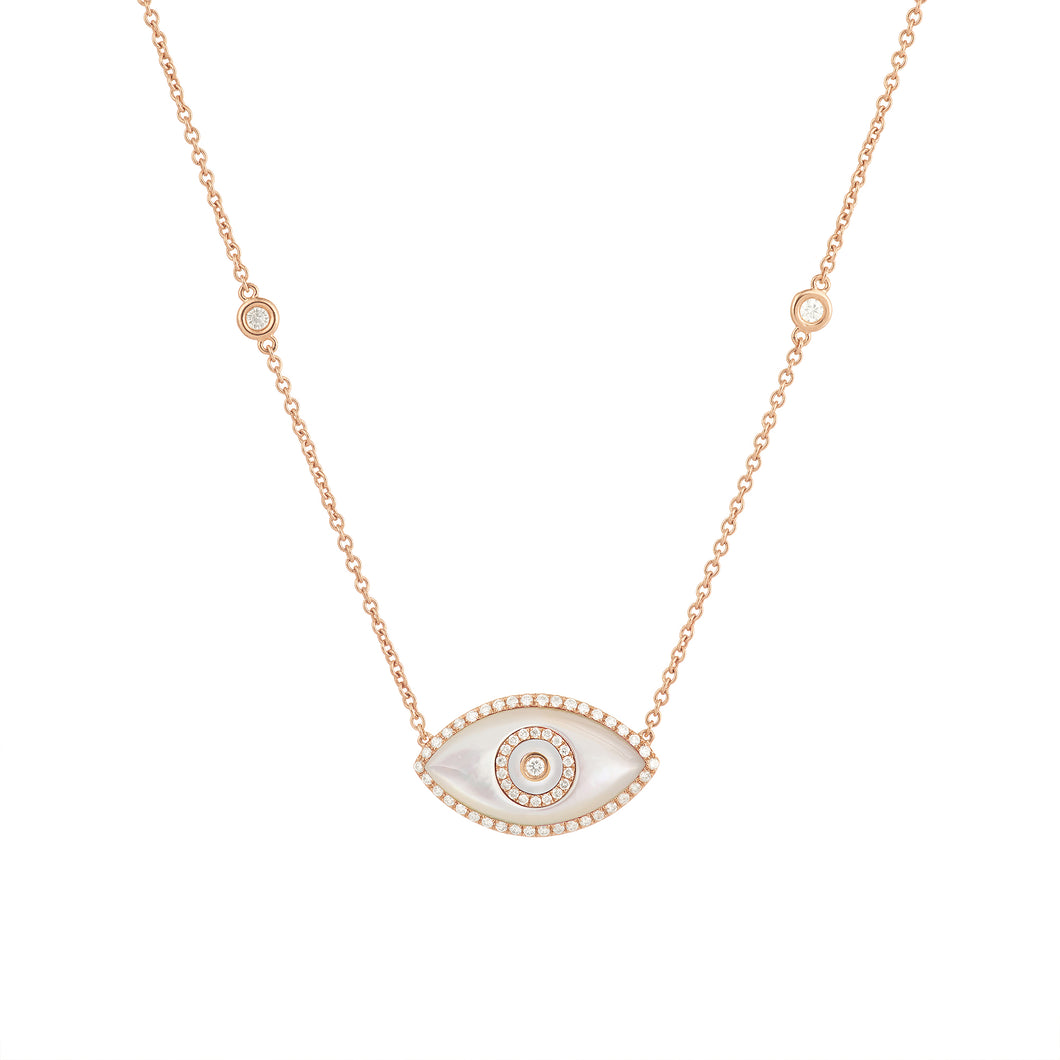 14K rose gold Endza Necklace with Mother of Pearl evil eye and white diamonds.