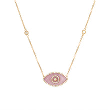 Load image into Gallery viewer, 14K yellow gold Endza Necklace with Pink Opal evil eye and white diamonds.
