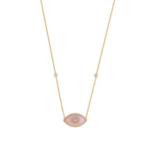 Load image into Gallery viewer, 14K Yellow gold Endza Necklace with Pink Opal evil eye and white diamonds.
