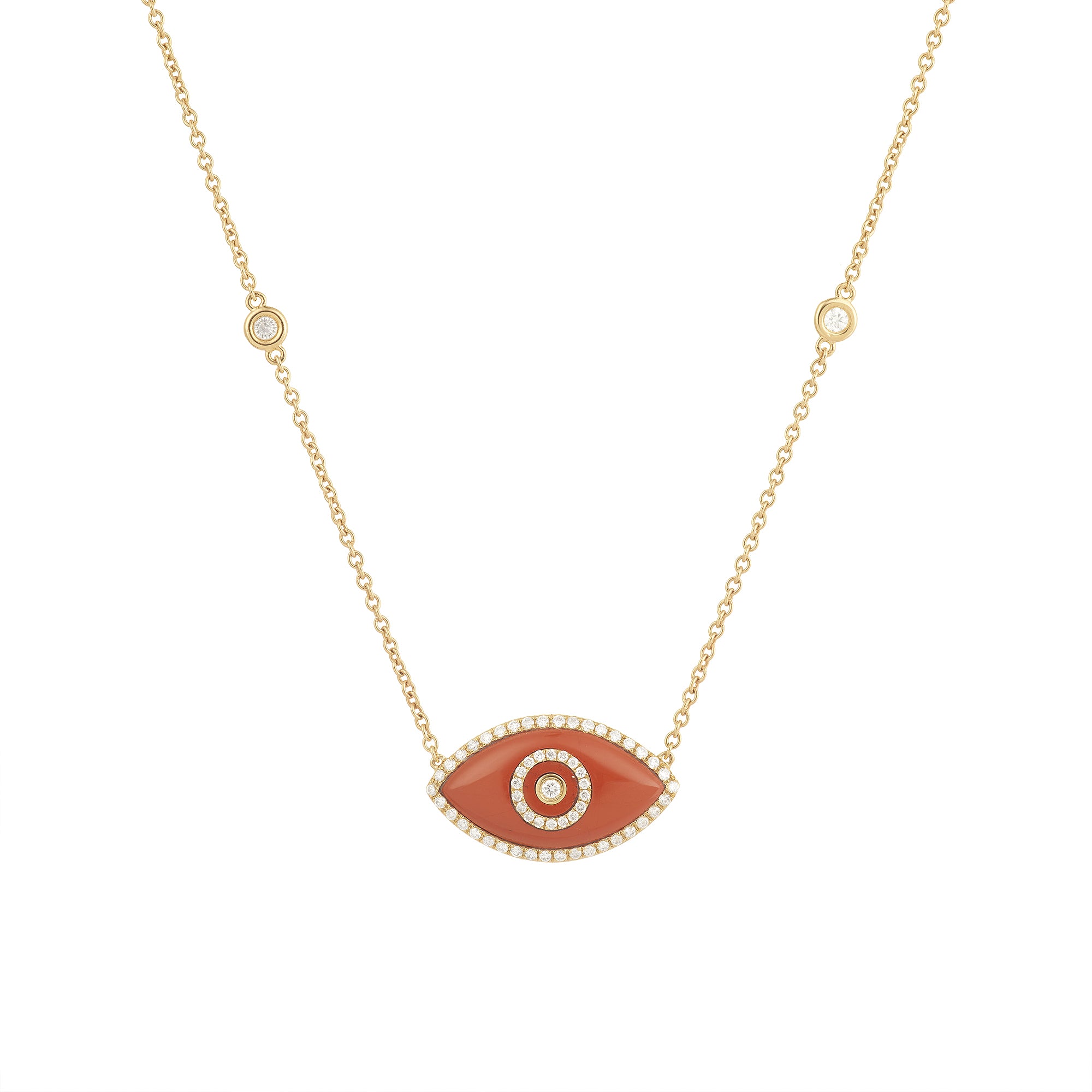 14K yellow gold Endza Necklace with Red Jasper eye and white diamonds.