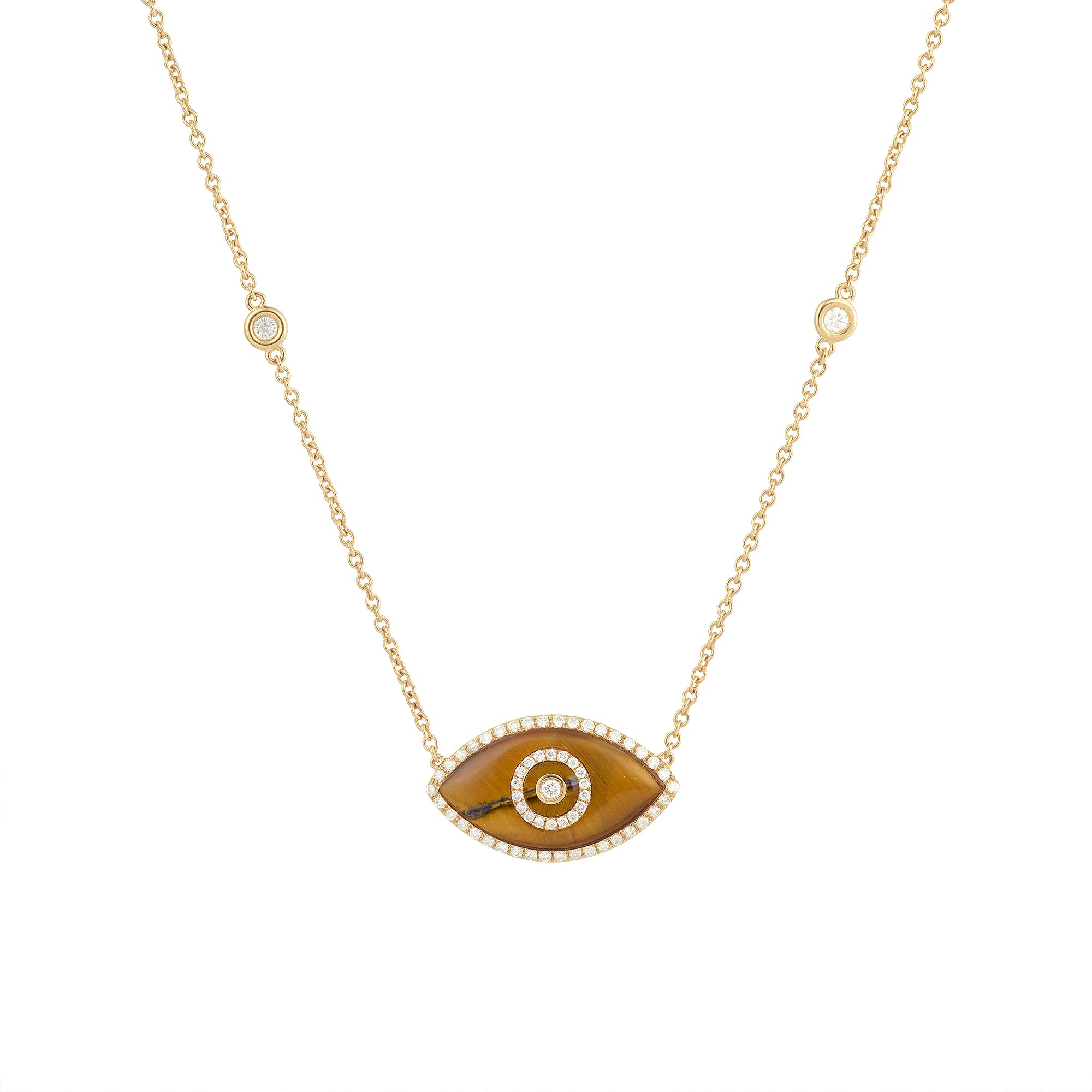 14K yellow gold Endza Necklace with Tiger Eye evil eye and white diamonds.
