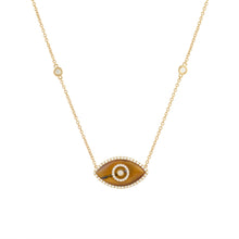 Load image into Gallery viewer, 14K yellow gold Endza Necklace with Tiger Eye evil eye and white diamonds.
