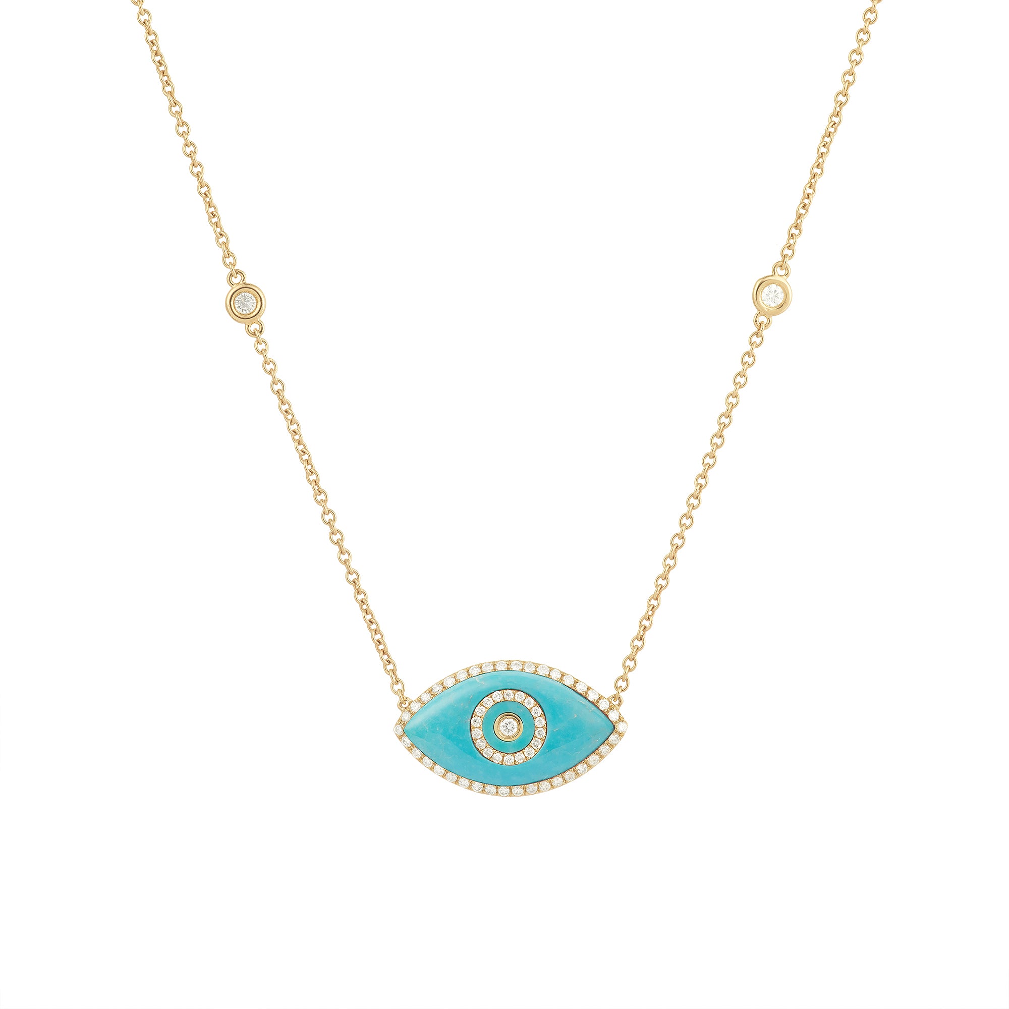 14K yellow gold Endza Necklace with Turquoise evil eye and white diamonds.
