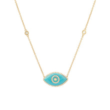 Load image into Gallery viewer, 14K yellow gold Endza Necklace with Turquoise evil eye and white diamonds.
