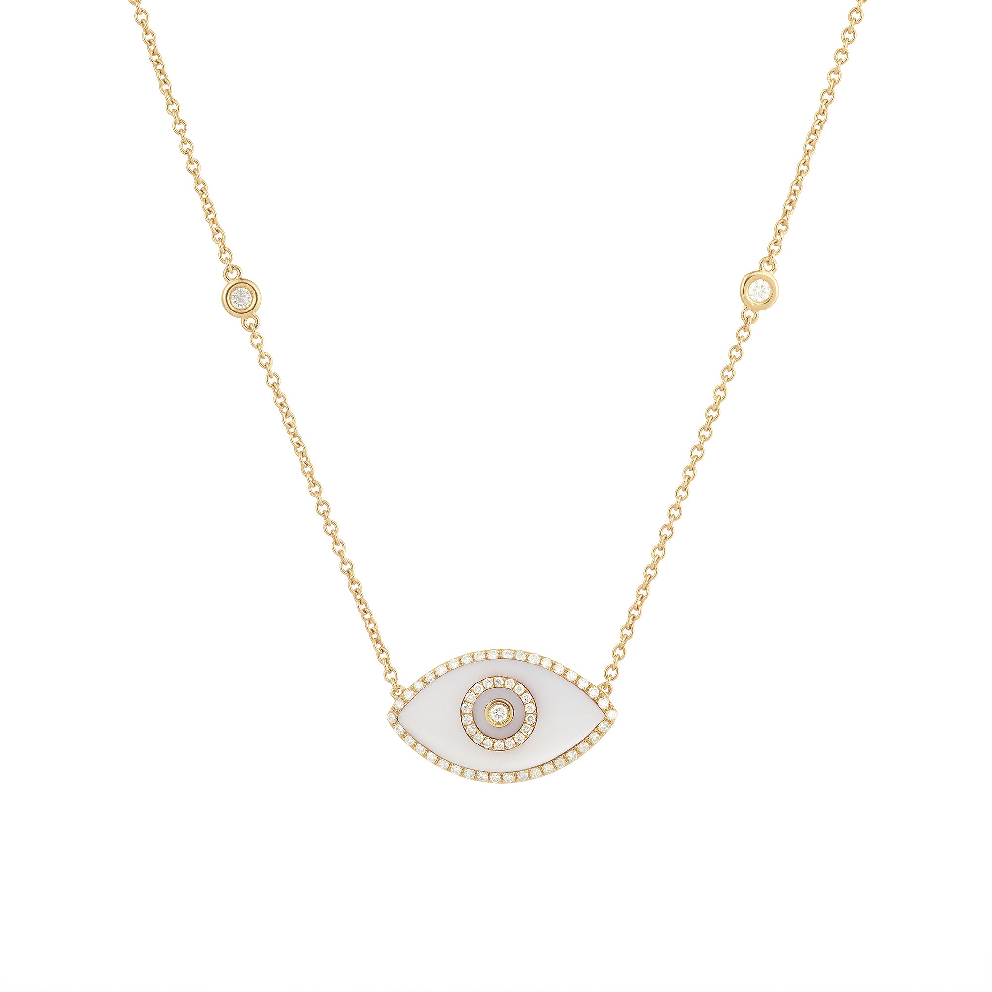 14K yellow gold Endza Necklace with White Onyx evil eye and white diamonds
