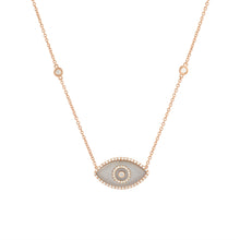 Load image into Gallery viewer, 14K rose gold Endza Necklace with Beige Moonstone evil eye and white diamonds.
