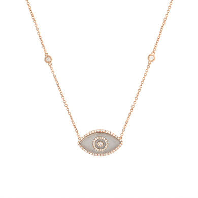 14K rose gold Endza Necklace with Beige Moonstone evil eye and white diamonds.