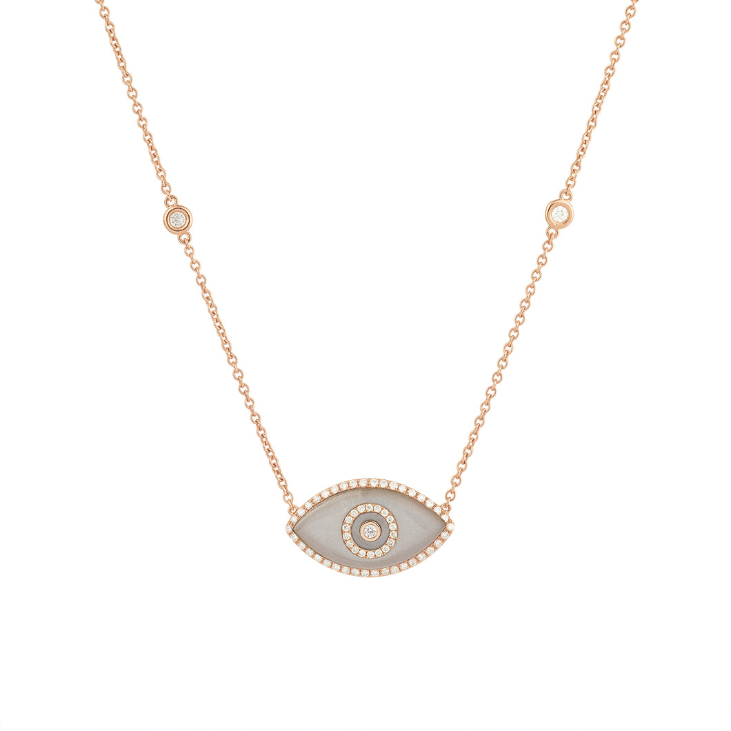 14K rose gold Endza Necklace with Beige Moonstone evil eye and white diamonds.