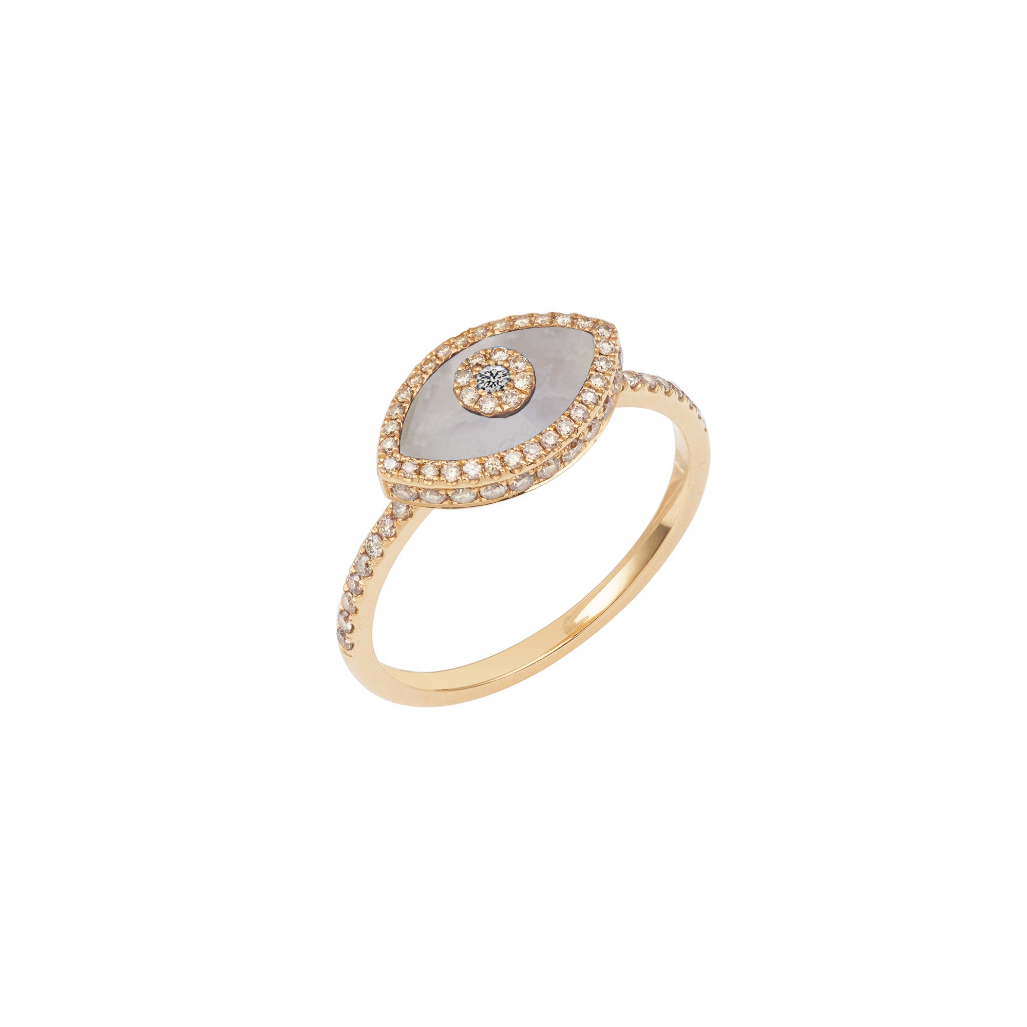 14K rose gold Endza Ring with Blue Chalcedony evil eye and pavé white diamonds