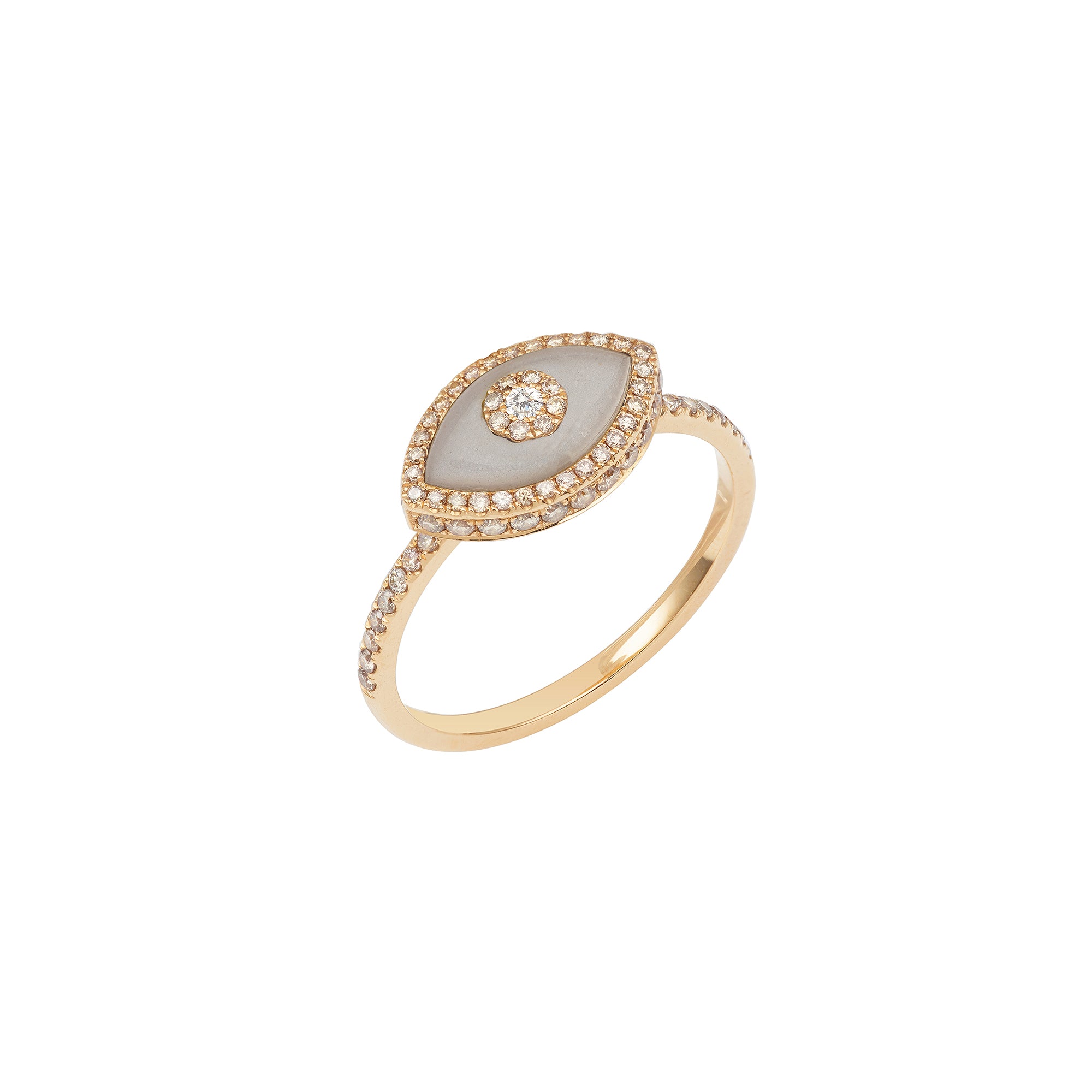 14K rose gold Endza Ring with Moonstone beige evil eye and pavé white diamonds