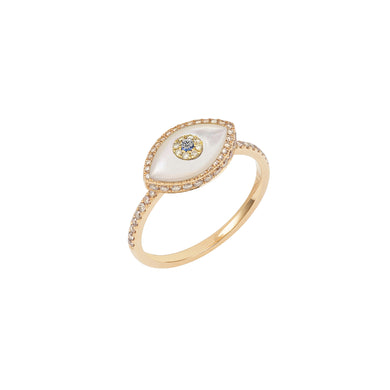14K rose gold Endza Ring with Mother of Pearl evil eye and pavé white diamonds