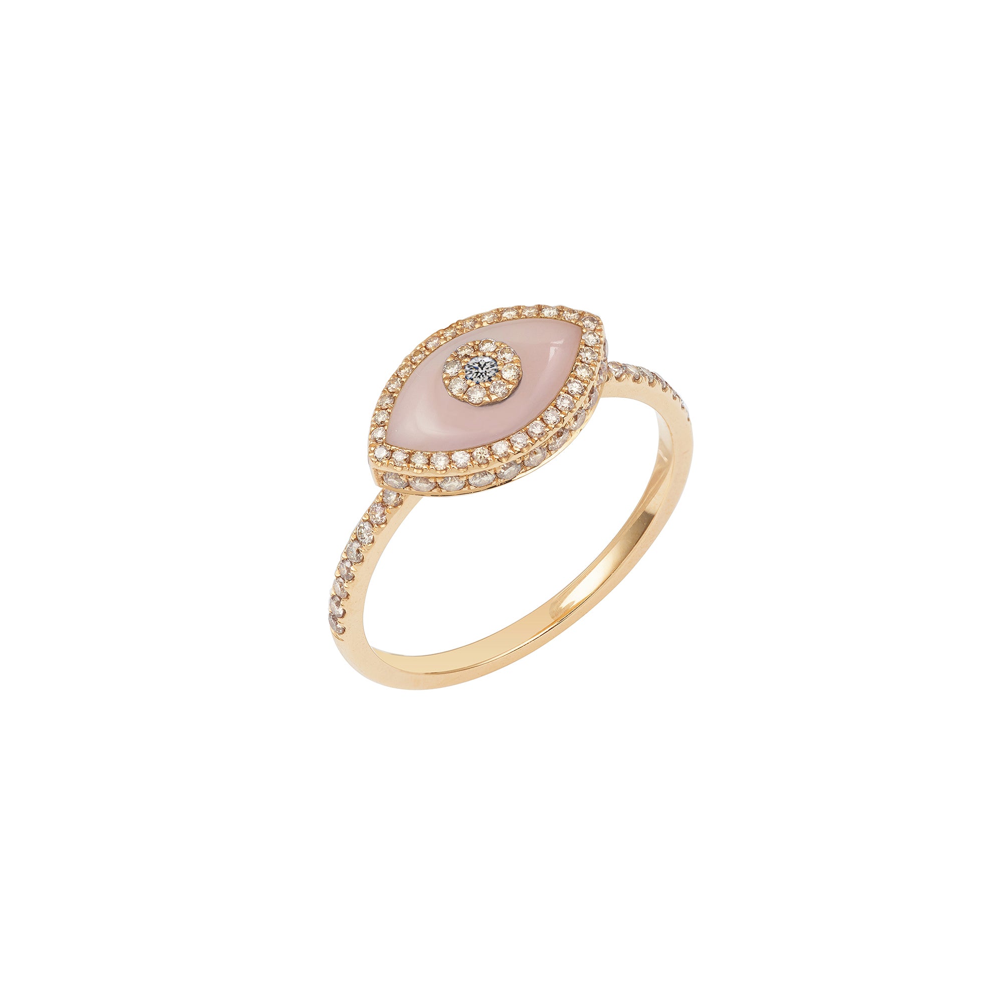 14K rose gold Endza Ring with Pink Opal evil eye and pavé white diamonds