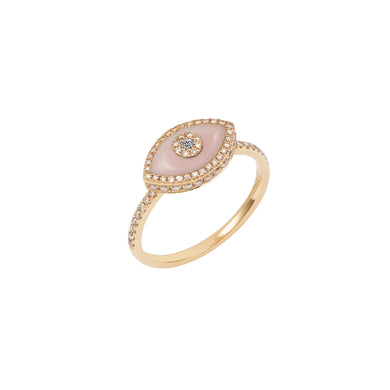 14K rose gold Endza Ring with Pink Opal evil eye and pavé white diamonds