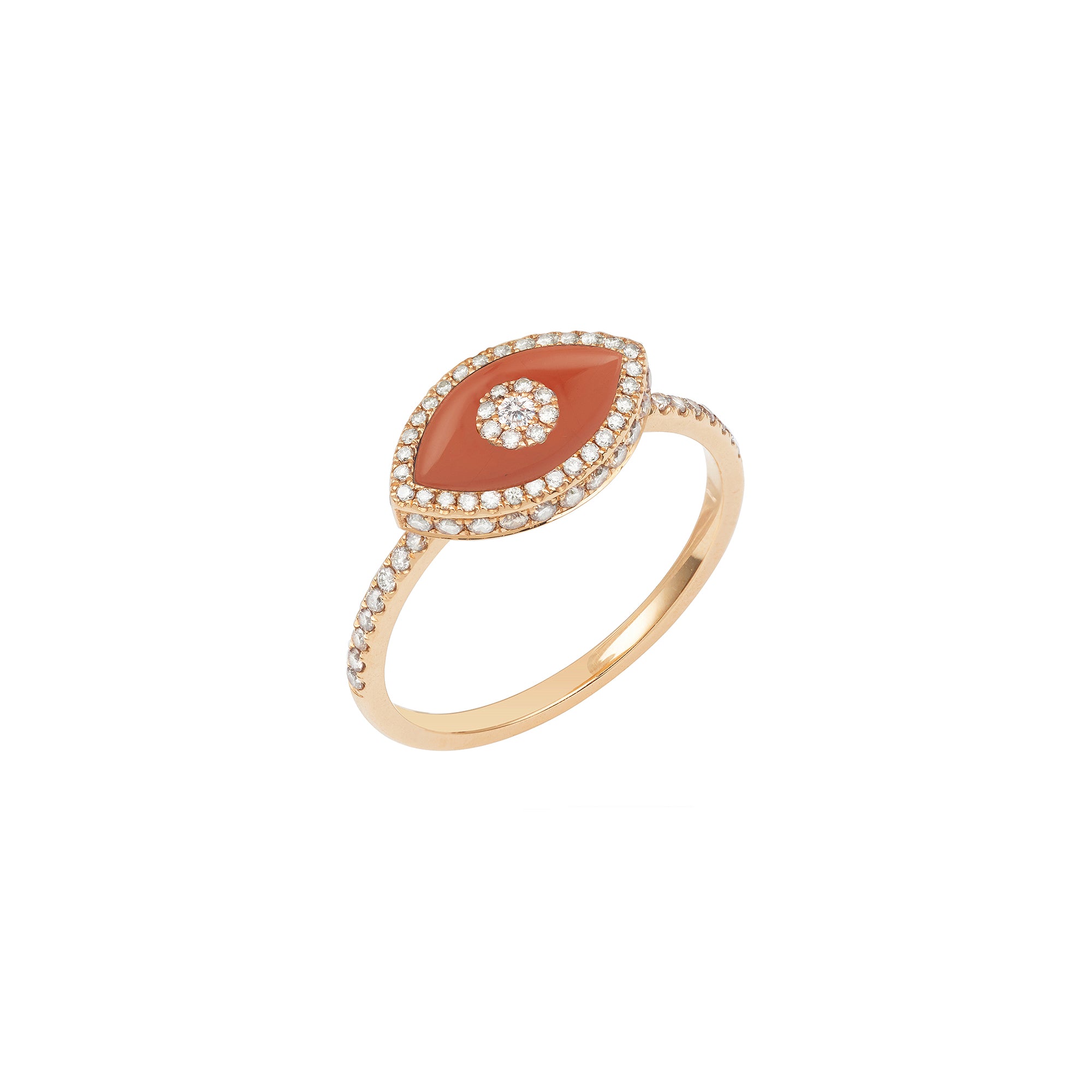 14K rose gold Endza Ring with Red Jasper evil eye and white diamonds.
