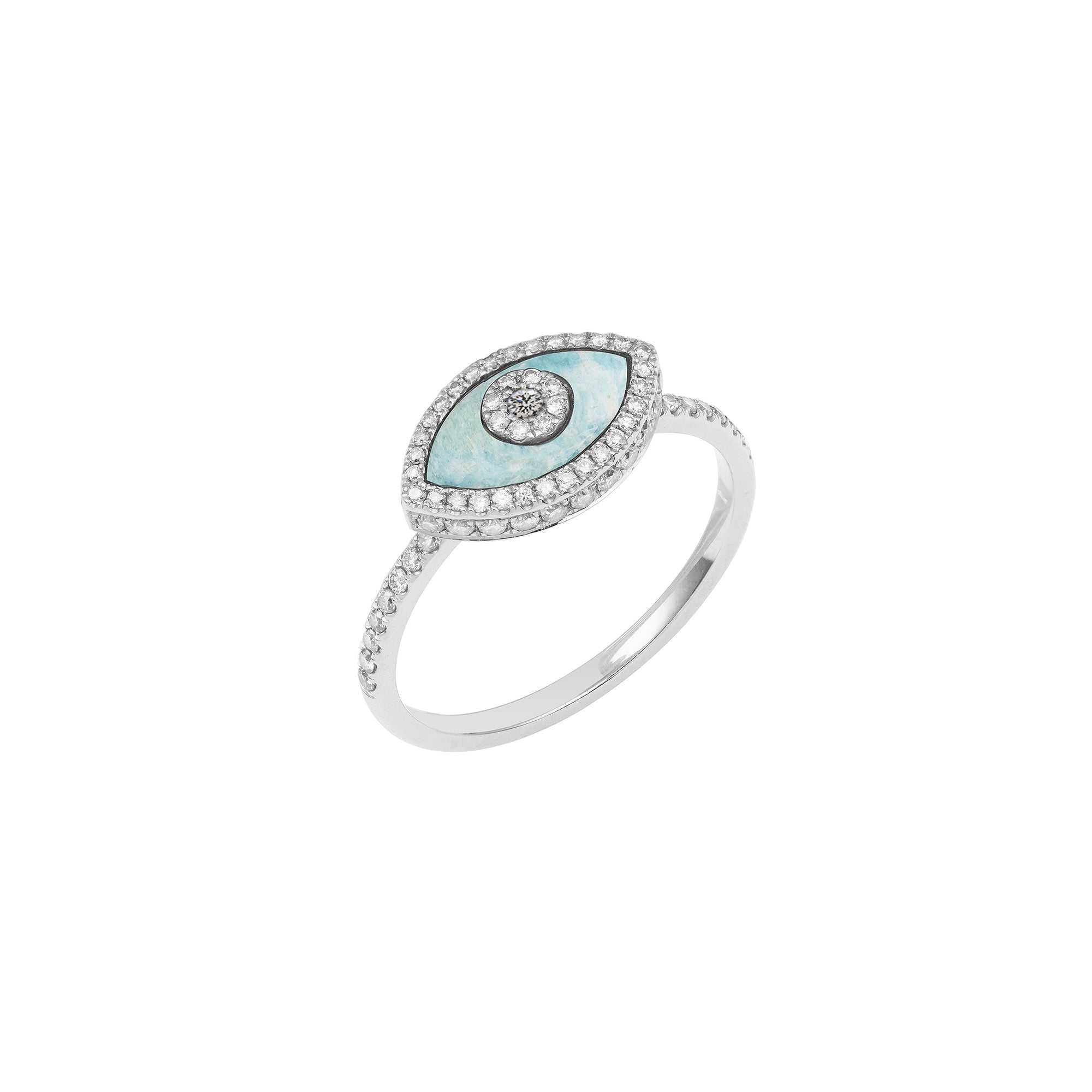 Endza Amazonite Evil Eye Ring in 14K White Gold with Natural Diamonds